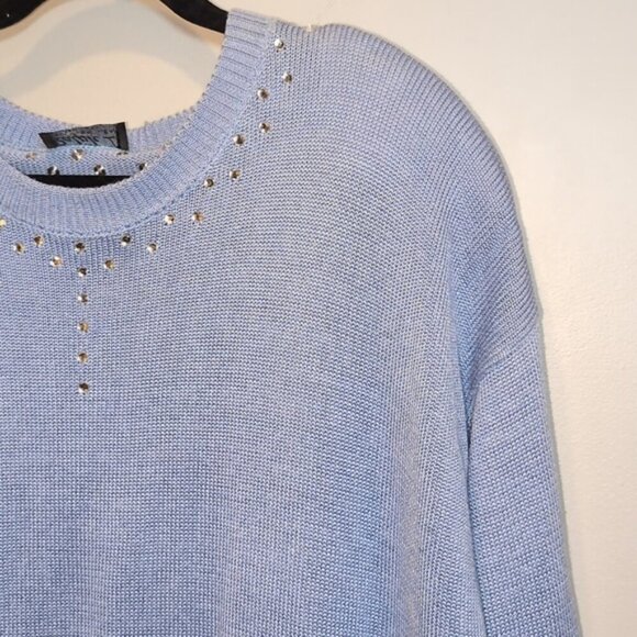 Vintage 80s Jewel Neck Sweater Knit Pullover Soft Blue Embellished Tunic - Picture 4 of 16